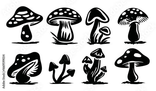 Artistic Black and White Illustrations of Various Mushroom Designs