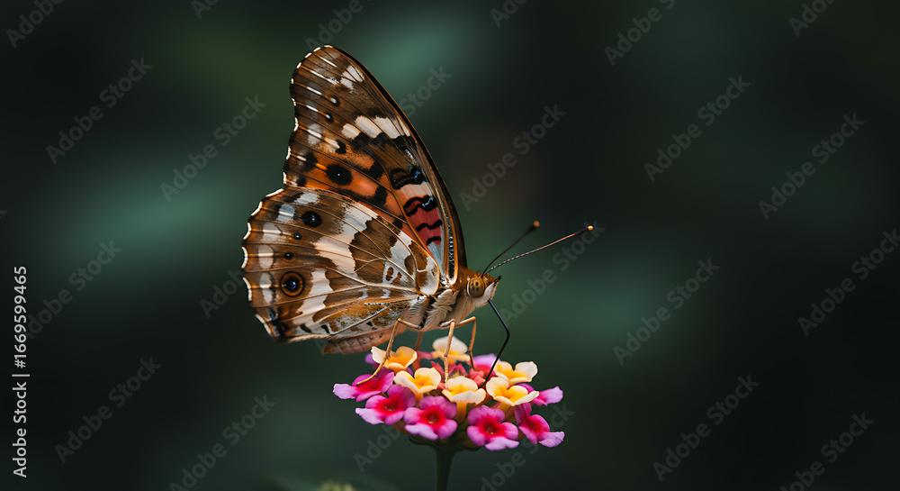 Obraz premium Stunning macro detail of a vibrant painted lady butterfly on a colorful lantana flower with a soft, dark bokeh background effect