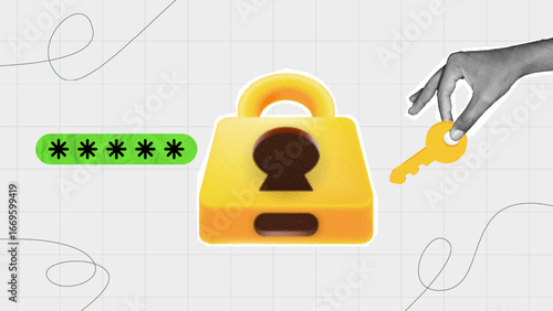 Cybersecurity with padlock, password, and key held by hand halftone collage, online data protection and secure login