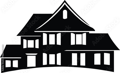 Black-and-White Silhouette Illustration of Multi-Story House with Steep Rooflines, Prominent Gables, Bay Windows, and Chimney, Depicting Traditional Residential Architecture in Stylized Minimalist For
