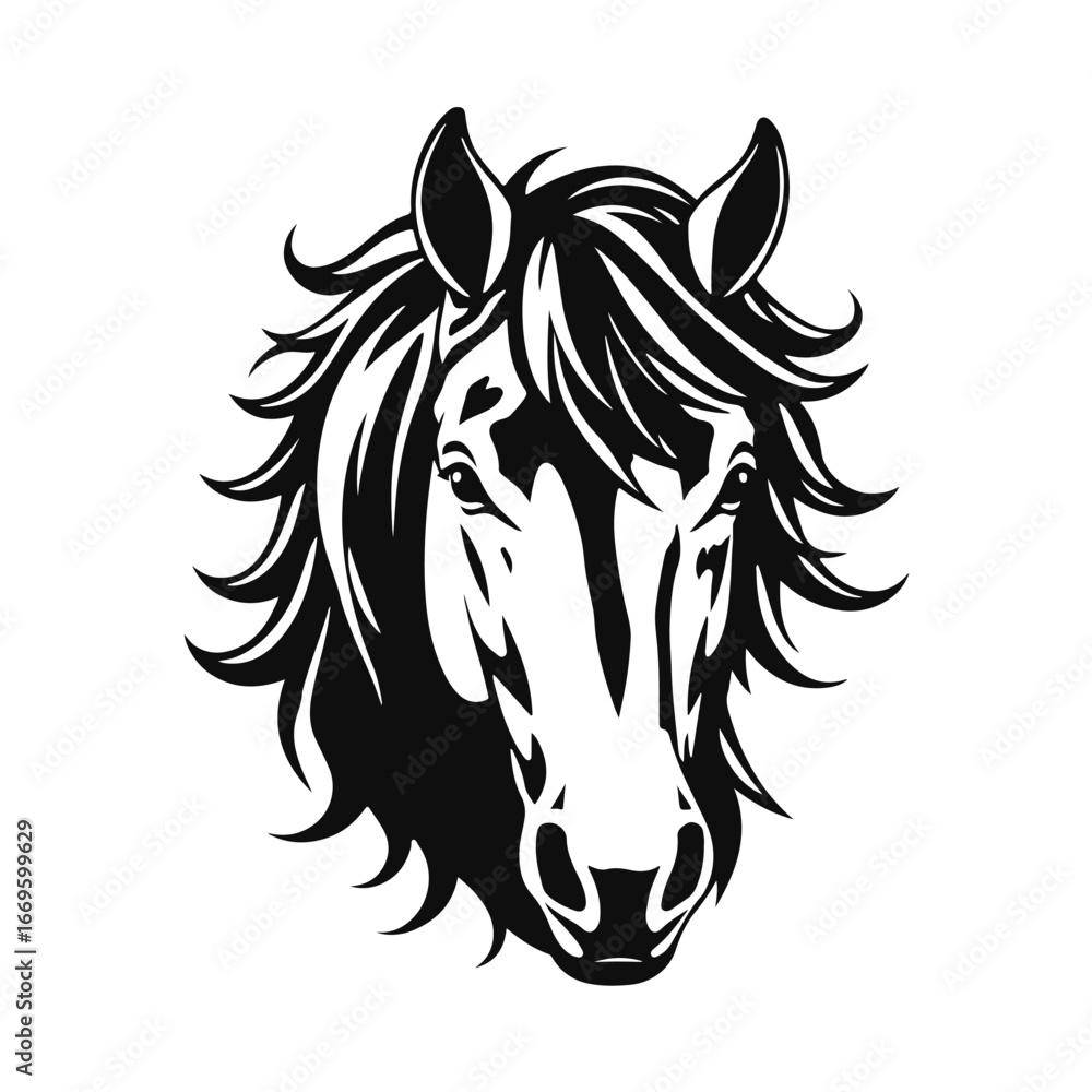 Obraz premium Horse logo template. Black and white silhouette of a horse head with a graceful mane. Elegant minimalist logo for branding, design and printing 
