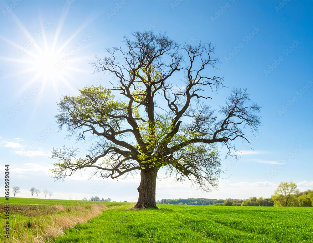 Fototapeta premium Magnificent oak tree with lush green foliage and a wide canopy.