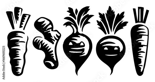 Five Whimsical Vegetable Illustrations in Black and White Style