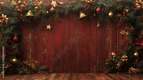 A rustic wooden wall decorated with elegant gold and red holiday decorations, including ribbons, bells, and stars, with an empty space in the middle designed for an advertisement or greeting.
