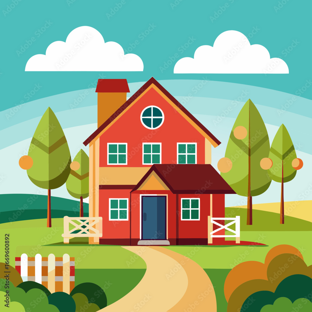 Naklejka premium Charming red farmhouse with lush green landscape and blue sky