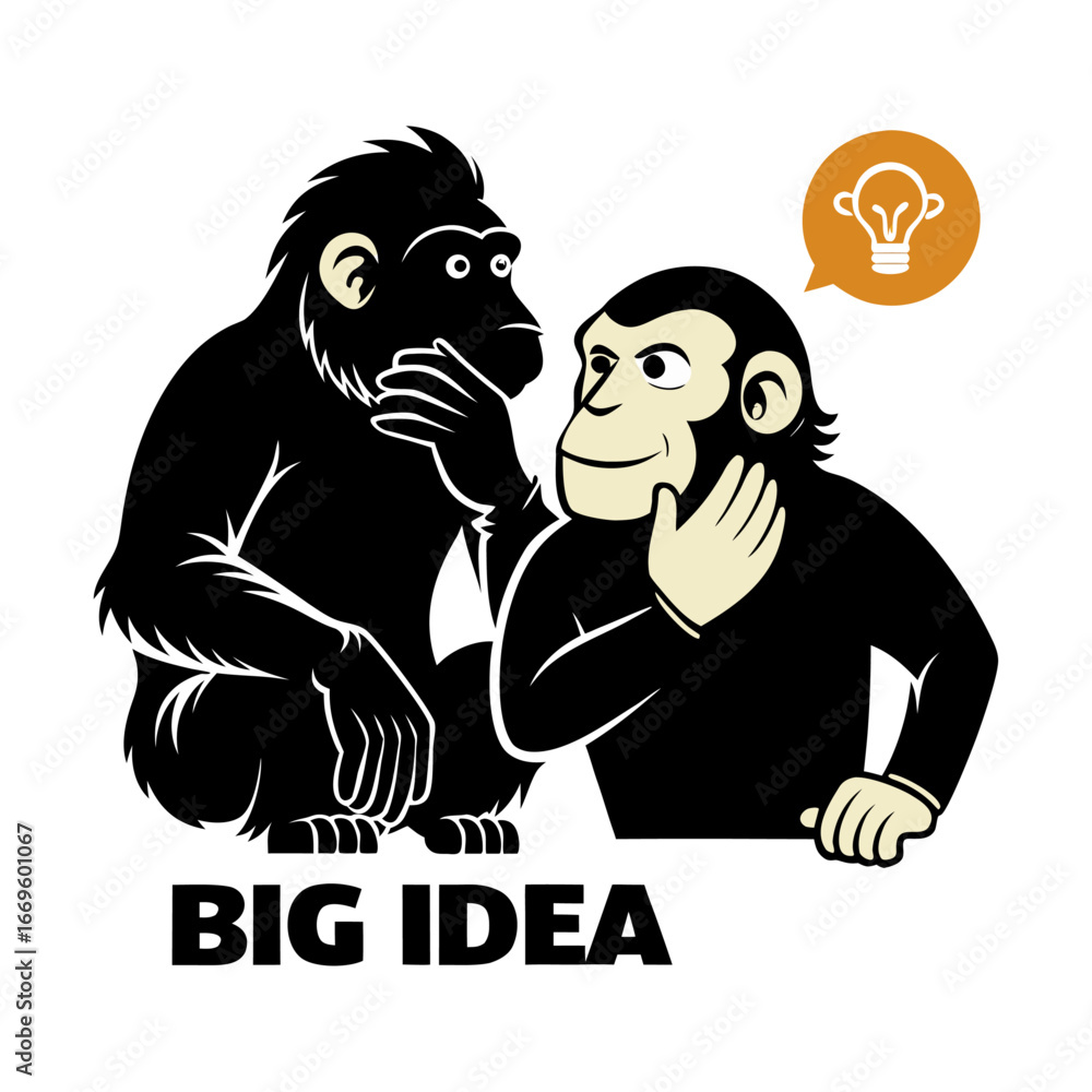Obraz premium Creative Silhouette of Startup Ape Whispering Innovative Big Idea to Teammate, Inspiring Teamwork, Business Concept, Entrepreneurship Vector Illustration