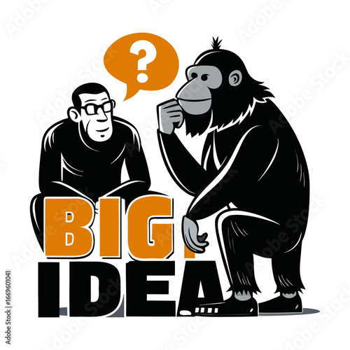 Creative Silhouette of Startup Ape Whispering Innovative Big Idea to Teammate, Inspiring Teamwork, Business Concept, Entrepreneurship Vector Illustration