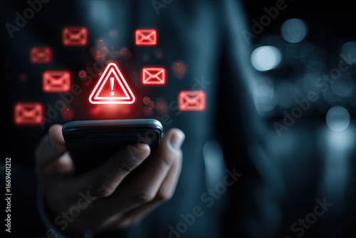 Hand holding phone, email alerts, caution