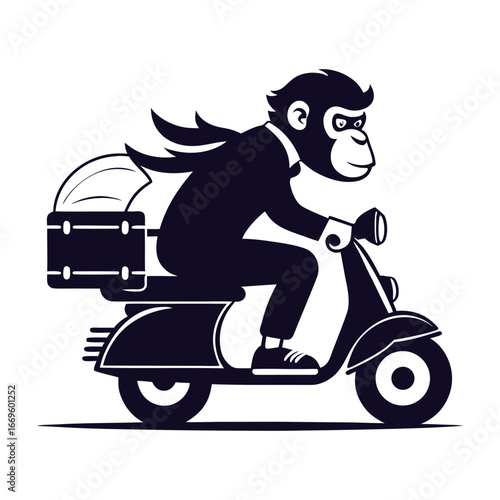 Dynamic Silhouette of Startup Ape Riding Scooter to Office, Creative Entrepreneur Vector Illustration, Urban Business Commuting Concept Design