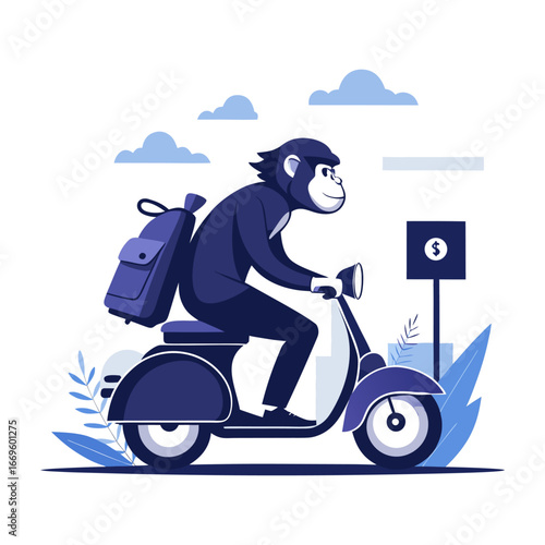 Dynamic Silhouette of Startup Ape Riding Scooter to Office, Creative Entrepreneur Vector Illustration, Urban Business Commuting Concept Design