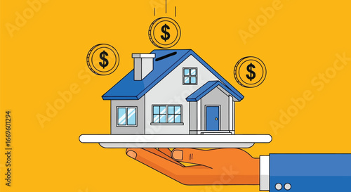 Connectivity hand holding house with dollar coins falling from above