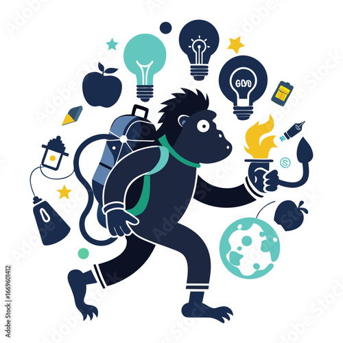 Creative silhouette of startup ape carrying backpack full of ideas symbolizing innovation, entrepreneurship, business growth, adventure, and success journey