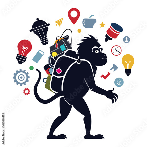 Creative silhouette of startup ape carrying backpack full of ideas symbolizing innovation, entrepreneurship, business growth, adventure, and success journey
