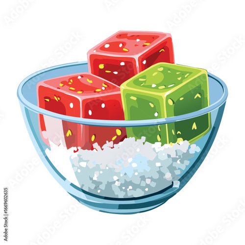 A glass bowl filled with green jello cubes and pink watermelon chunks dessert - Vector Illustration