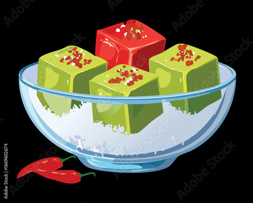 A glass bowl filled with green jello cubes and pink watermelon chunks dessert - Vector Illustration