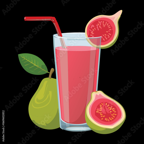  A tall glass of fresh guava and pear juice garnished with a slice of guava - Vector Illustration