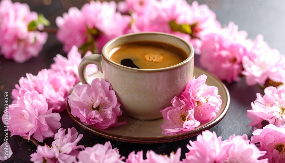 Fototapeta premium Coffee Cup with Pink Blossoms on Table