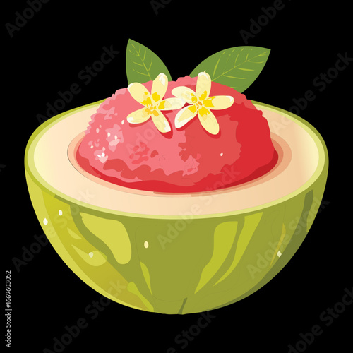 Half a guava filled with a scoop of sweet pink ice cream and topped with a mint leaf - Vector Illustration