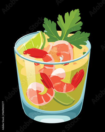 Close-up of a glass bowl filled with spicy shrimp ceviche, lime slices, and fresh cilantro - Vector Illustration