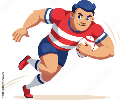 Rugby player running with the ball isolated on white background, determined to score a try