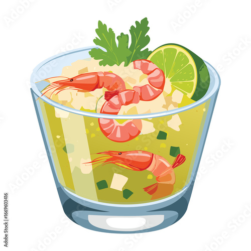 Spicy shrimp ceviche salad with fresh lime, cilantro and diced tomato in glass bowl - Vector Illustration