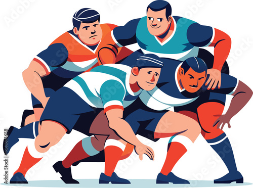 A group of rugby players in a scrum, showcasing teamwork and determination isolated on white background