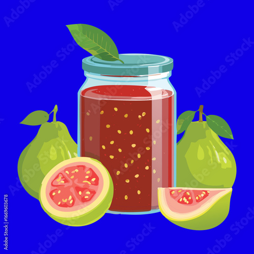 A Glass Jar of Guava Jam and Fresh Guava Slices on a Blue Background, a Delicious and Sweet Treat - Vector Illustration