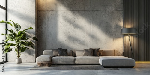 Fototapeta Naklejka Na Ścianę i Meble -  Urban living room with concrete walls and minimalist lighting Stock photo