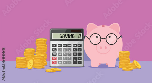 Connectivity piggy bank with glasses and calculator with coins for saving money