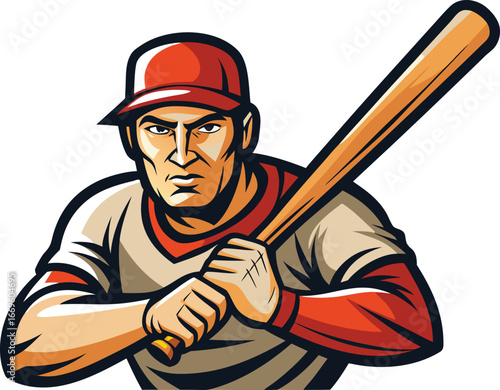Cartoon baseball player holding a bat isolated on white background, ready to swing