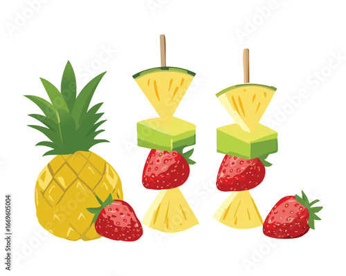 Fresh tropical fruit skewers on a wooden board with pineapple and strawberry - Vector Illustration