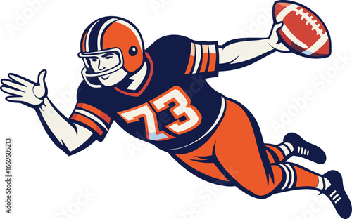 Cartoon football player in orange and navy uniform diving to catch the ball isolated on white background
