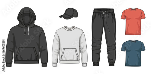 Collection of casual men's clothing and headwear, featuring a hoodie, sweatshirt, sweatpants, baseball cap, and two t-shirts in various colors and styles