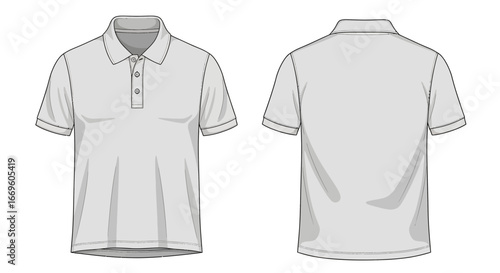 Front and back view of a plain white polo shirt with short sleeves, a collar, and button placket, presented in a clean, minimalist vector illustration