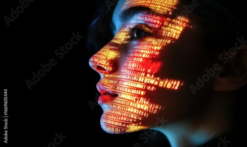 Concept of human-computer interaction (HCI), represented by a person with binary code projected onto their face. This visual represents the deep connection between humans, Generative AI