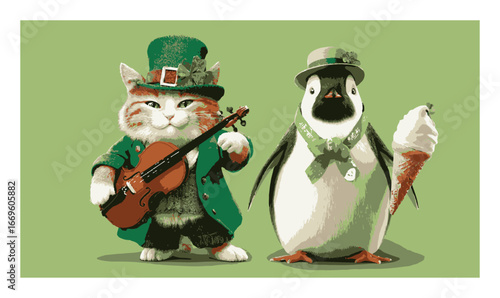 Charming Illustration of Cat and Penguin Dressed for a Festive Occasion