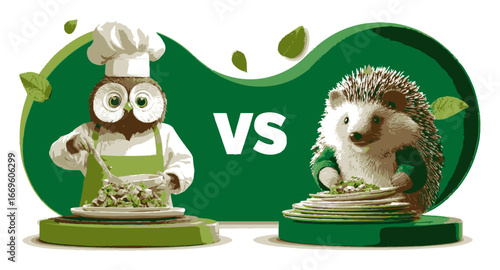 Owl Chef and Hedgehog Compete in Salad Making Showdown Illustration