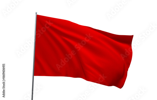 a solid red flag waving on a flagpole, isolated on a clean white background.