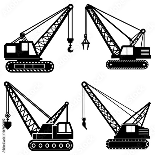 Four black and white construction cranes with different attachments on a white background design image