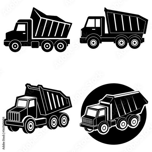 Illustration of four black and white dump trucks in different angles and compositions showing details