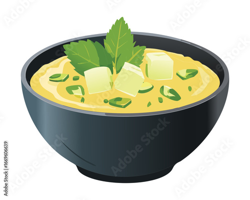  Creamy and smooth green guava soup topped with fresh herbs and cheese - Vector Illustration