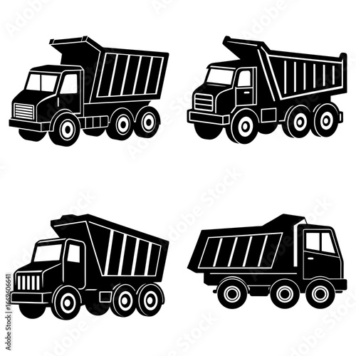 A collection of four black and white dump truck illustrations in varying positions and orientations