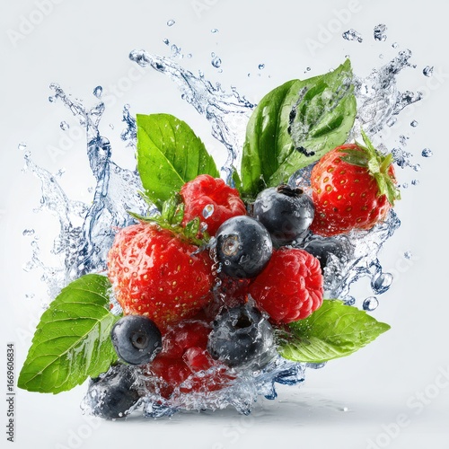 refreshing splash with healthy fruits and green leaves