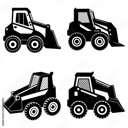 Four skid steer loaders in black and white showcasing different design variations of construction vehicles