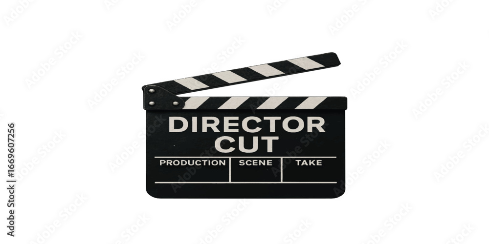 Naklejka premium Print Clapperboard or slate for director cut scene in action movie for role play. Entertainment and object theme. Dramatic and Video theme. Black wooden slate. Isolated white background, cinema, 
