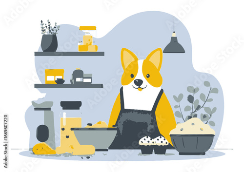 Cute Cartoon Dog in Kitchen with Ingredients and Baking Utensils