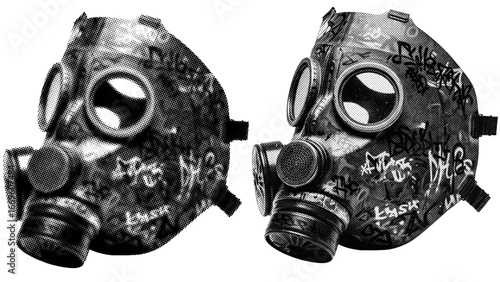 Gasmask with graffiti halftone on transparent PNG. Ideal for overlays, posters, and designs. High-res, AI-based with human edited effects. Old vintage Gasmask in trendy dotted pop art style.