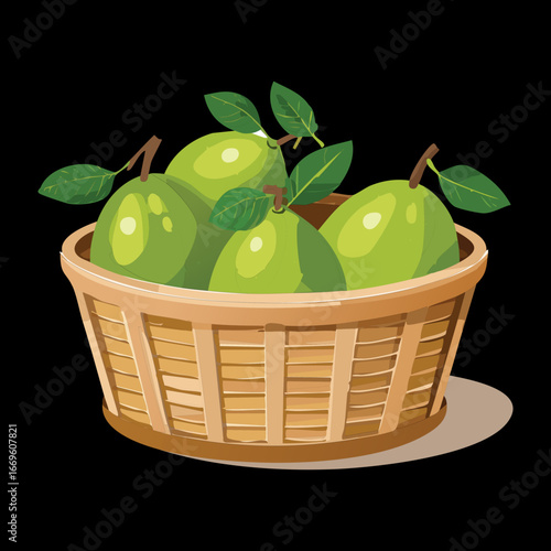 A woven basket brimming with fresh whole green guava fruits on a dark background, a natural harvest - Vector Illustration
