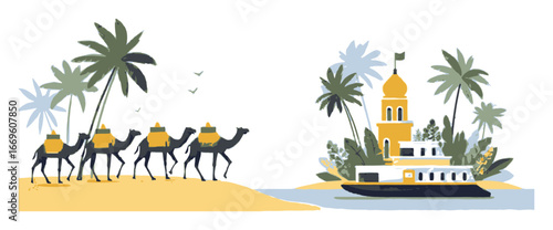 Camels on a Beach with Tropical Landscape Illustration in Flat Style
