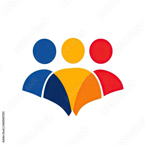 Three stylized people icons, blue, yellow, and red, grouped together